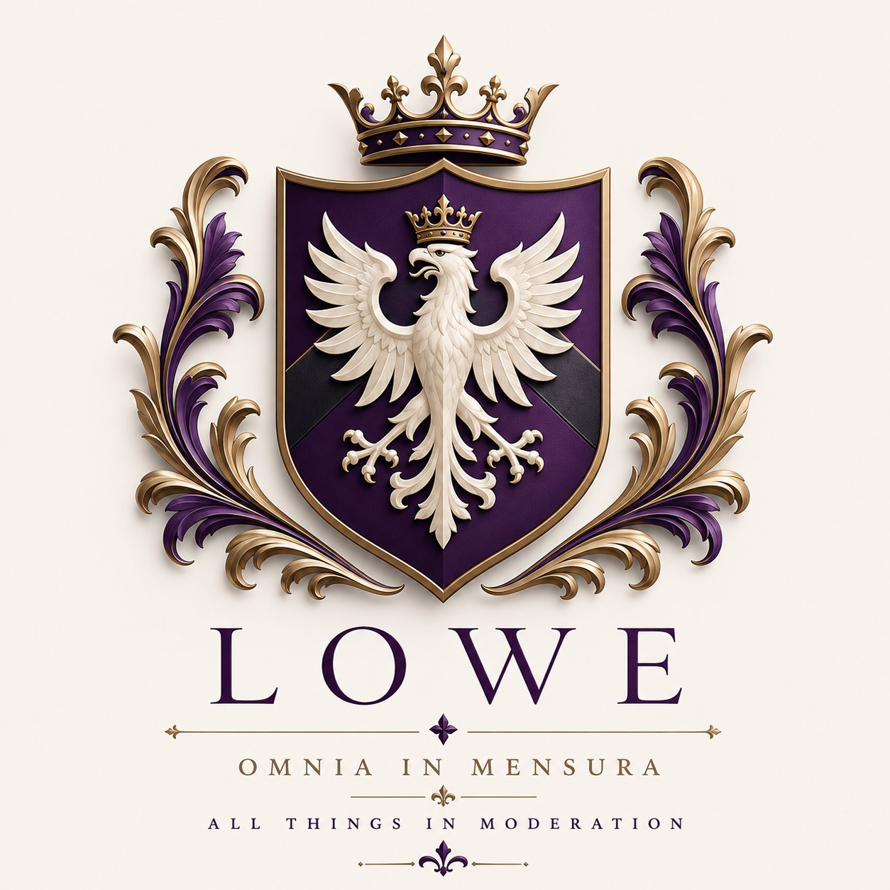 The Lowe coat of arms: a crowned eagle on a purple shield with the motto Omnia in Mensura, meaning All Things in Moderation